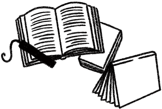 A hand drawn illustration of three books, one open with a bookmark