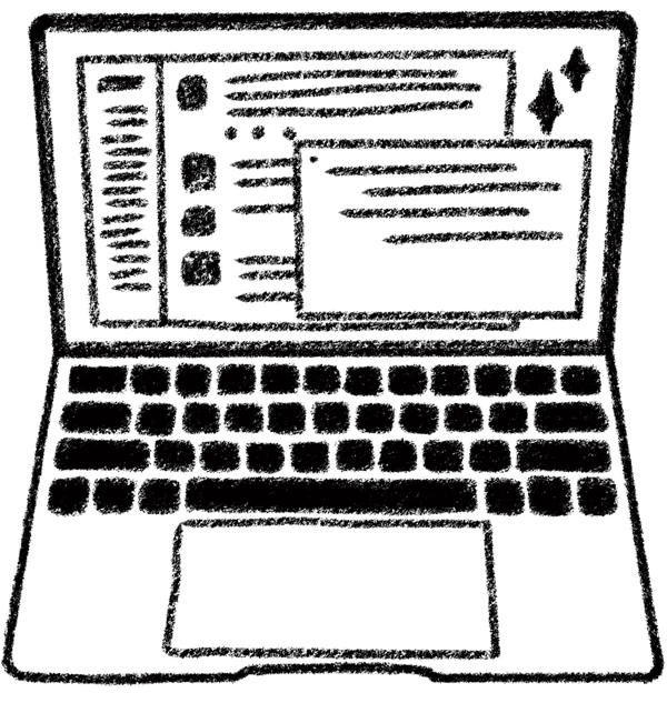 A hand drawn illustration of a laptop computer with some work stuff happening on it